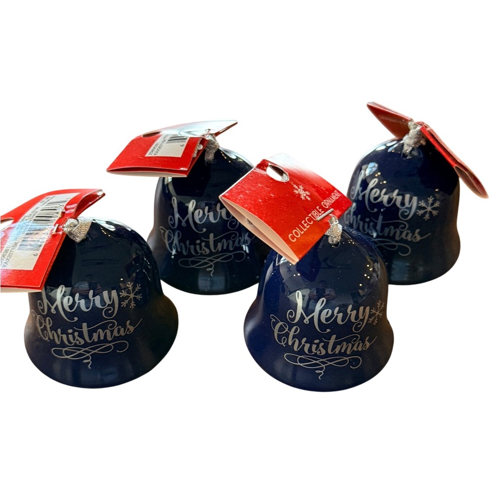 Merry Christmas Bell Ornament Set 4 Silver Script Navy Blue 2.25in Ceramic